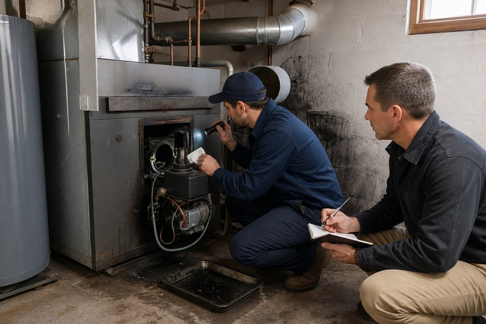 Heating technician investigating an oil furnace puffback source before cleanup