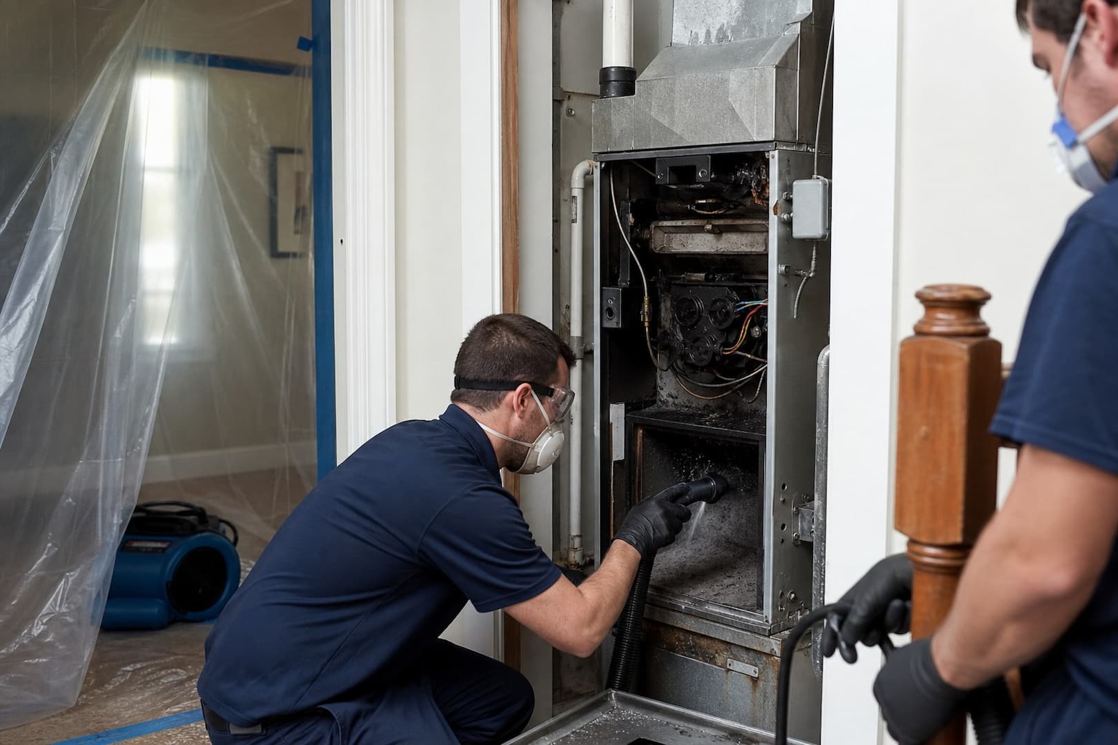 BRG fire and soot restoration technician inspecting oily residue after a furnace puffback — controlled restoration process