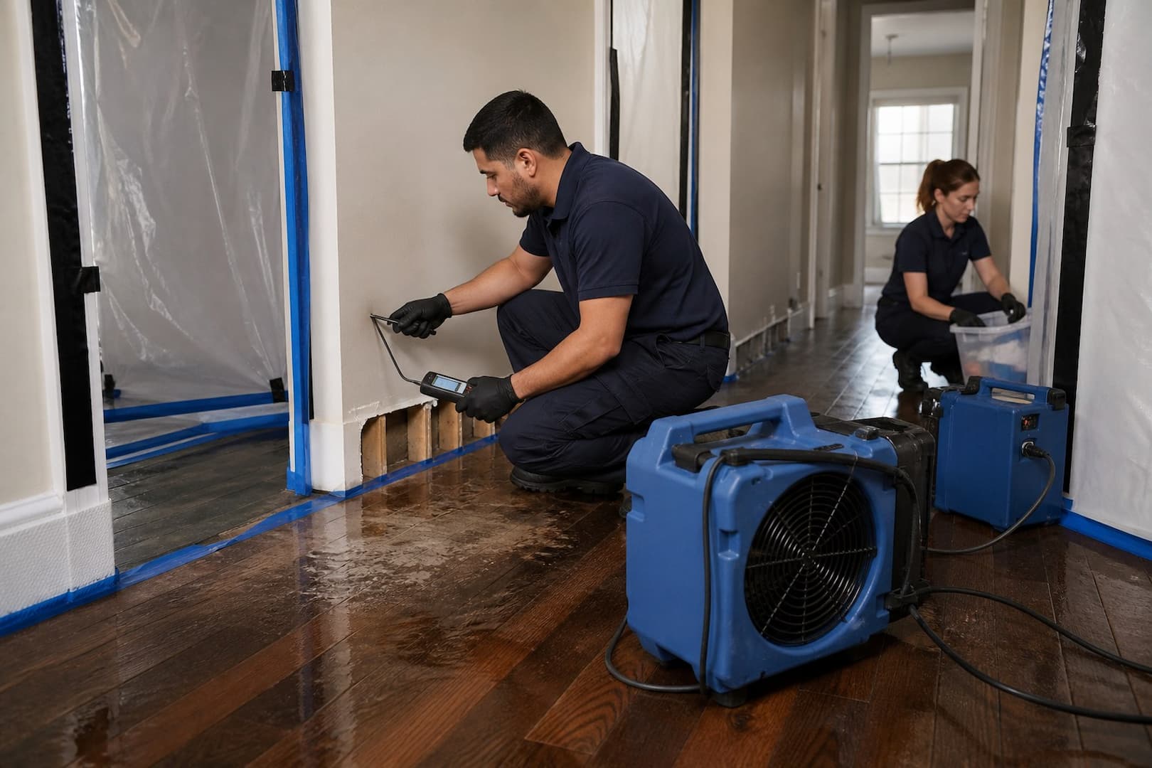 BRG technician measuring hardwood and subfloor moisture after water damage — controlled restoration process