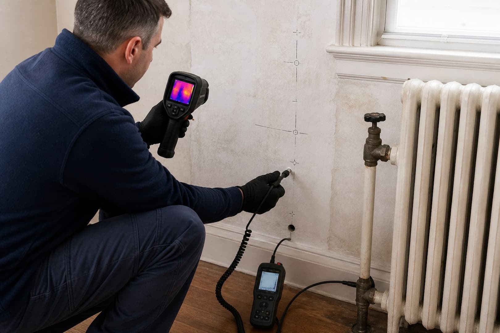 Restoration specialist comparing thermal imaging moisture readings and a small wall cavity inspection opening