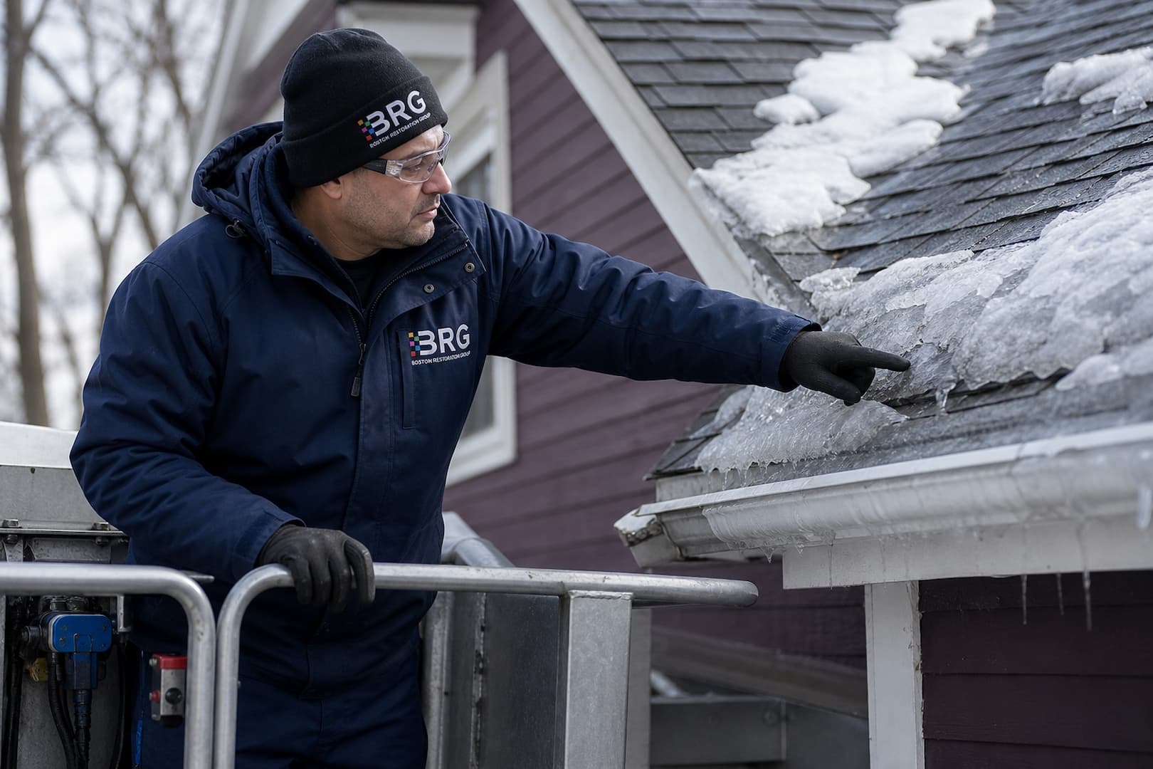 BRG specialist inspecting an ice ridge, gutter, and roof valley from safe access