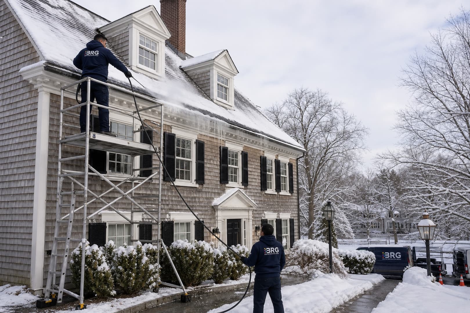 BRG technicians removing an ice dam from the eaves of a Boston-area home