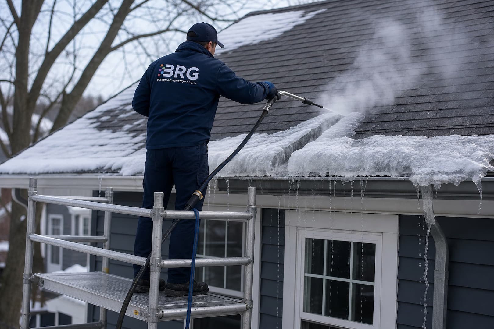 Controlled steam channels restoring drainage through a roof-edge ice dam