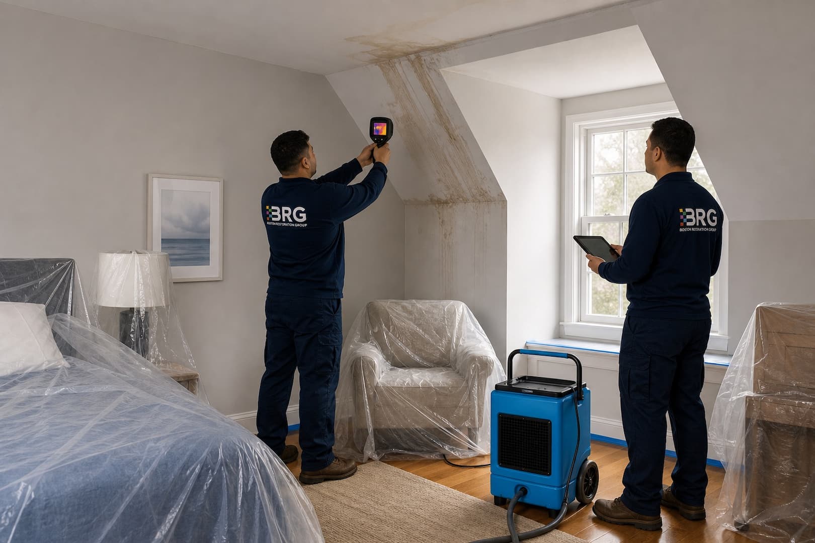 BRG technicians mapping ceiling and wall moisture after an ice dam leak