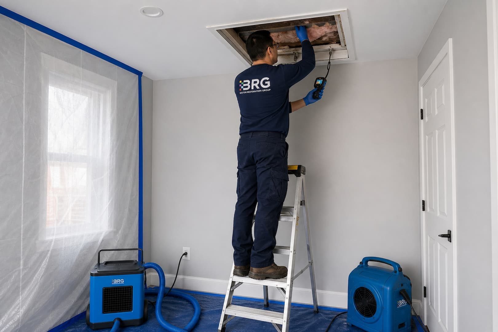 BRG specialist inspecting wet insulation through a controlled ceiling access opening