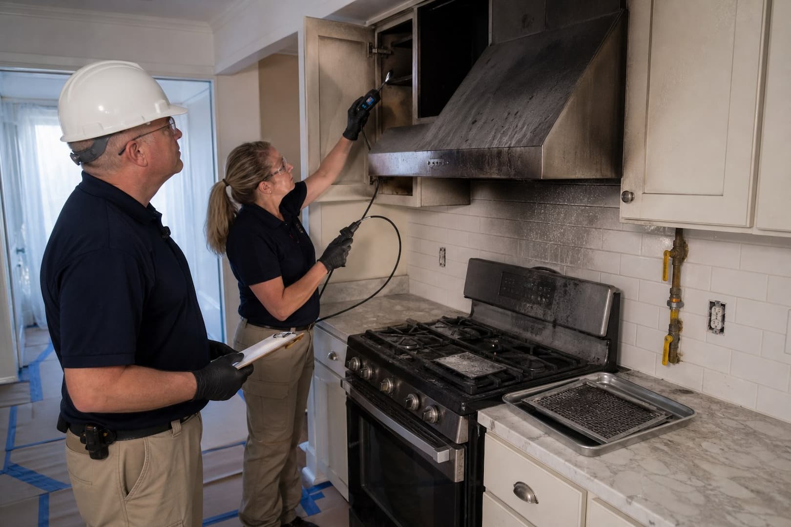 Kitchen fire origin and smoke path assessment around range hood cabinets and utilities
