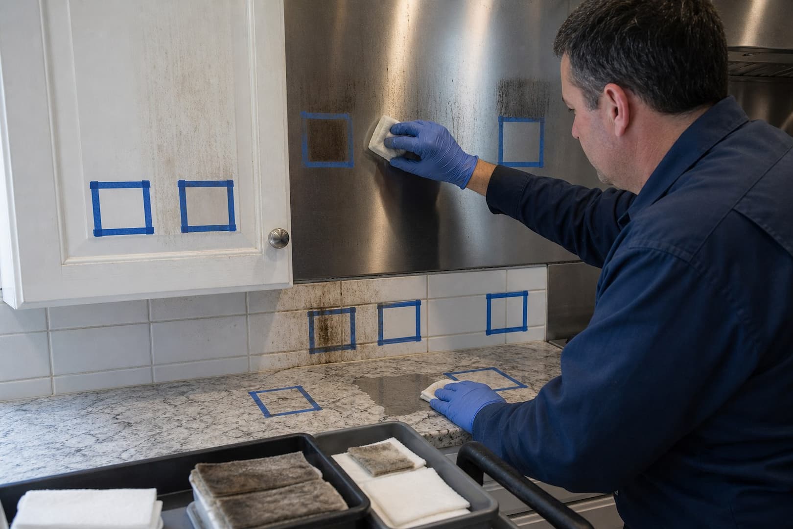 Controlled cleaning tests for kitchen fire soot on several material finishes