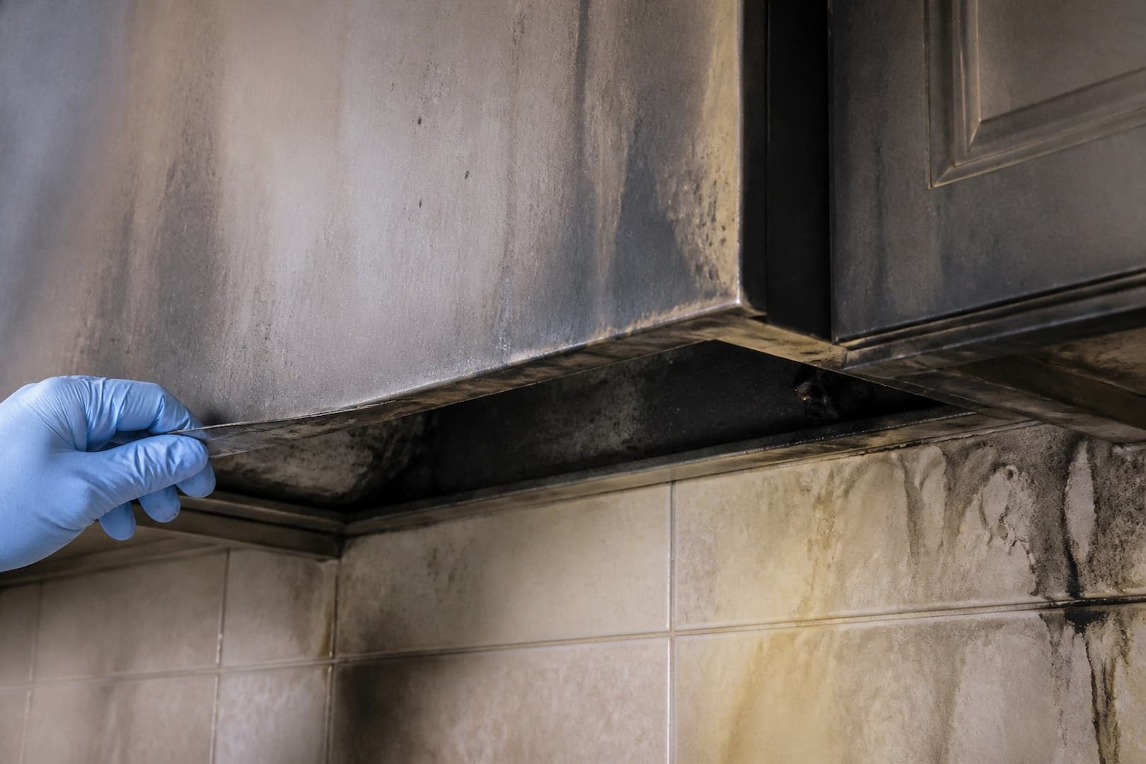BRG fire restoration technician inspecting soot and suppression damage in a kitchen — close technical detail