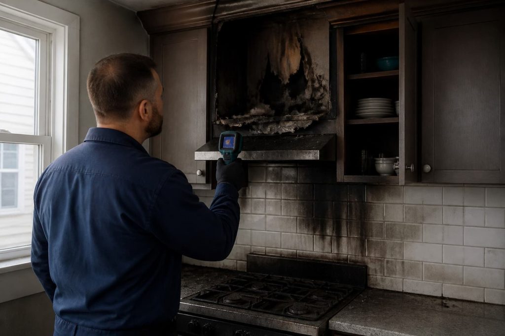 Technician inspecting fire-damaged kitchen cabinets and range hood.