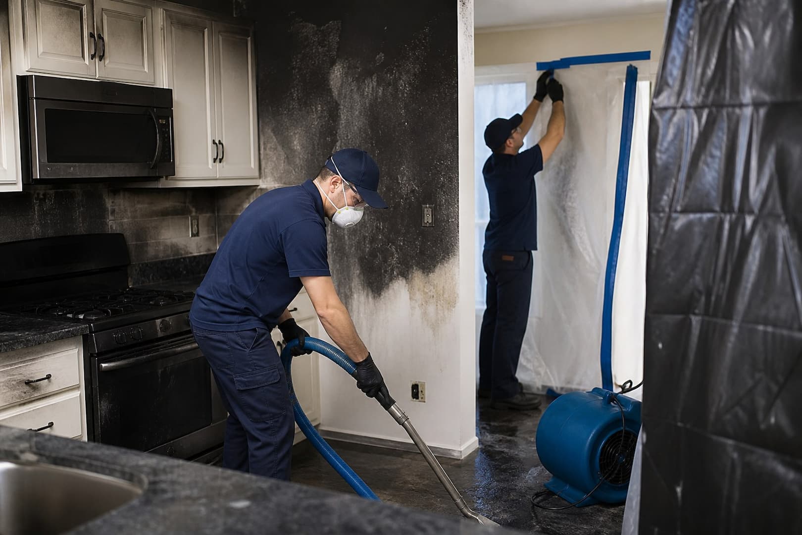BRG fire restoration technician inspecting soot and suppression damage in a kitchen — controlled restoration process