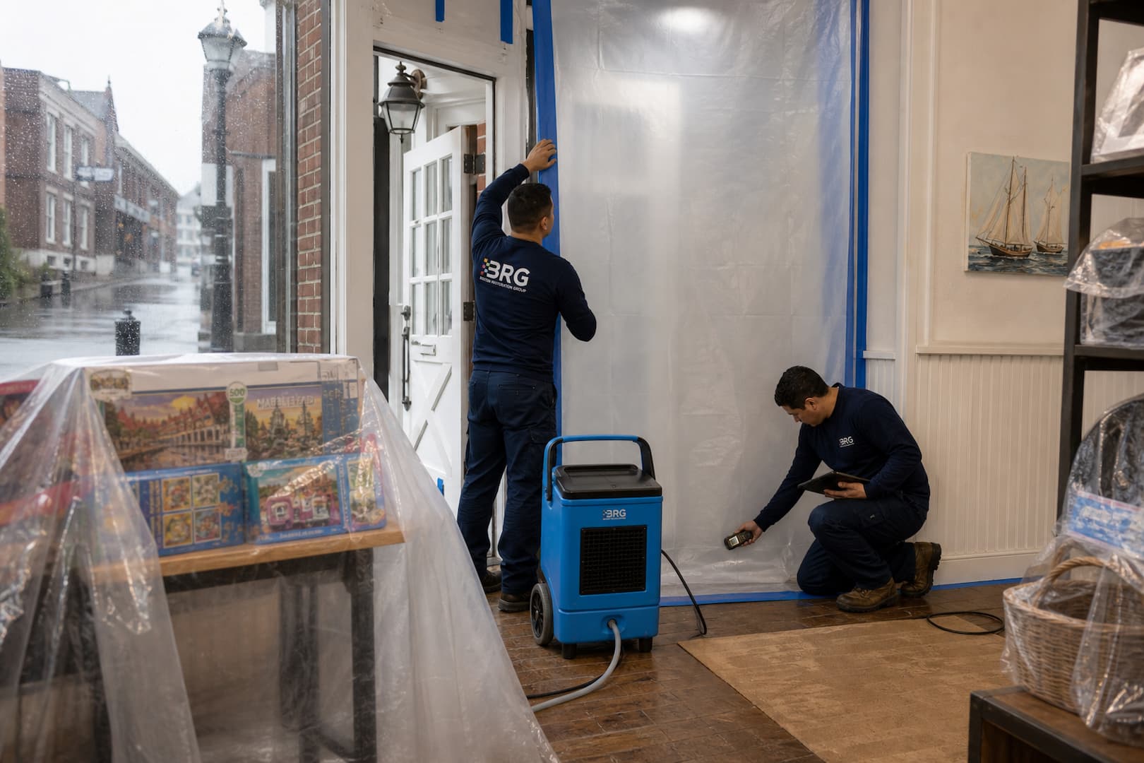 BRG technicians containing and drying storm water damage in a Marblehead mixed-use property