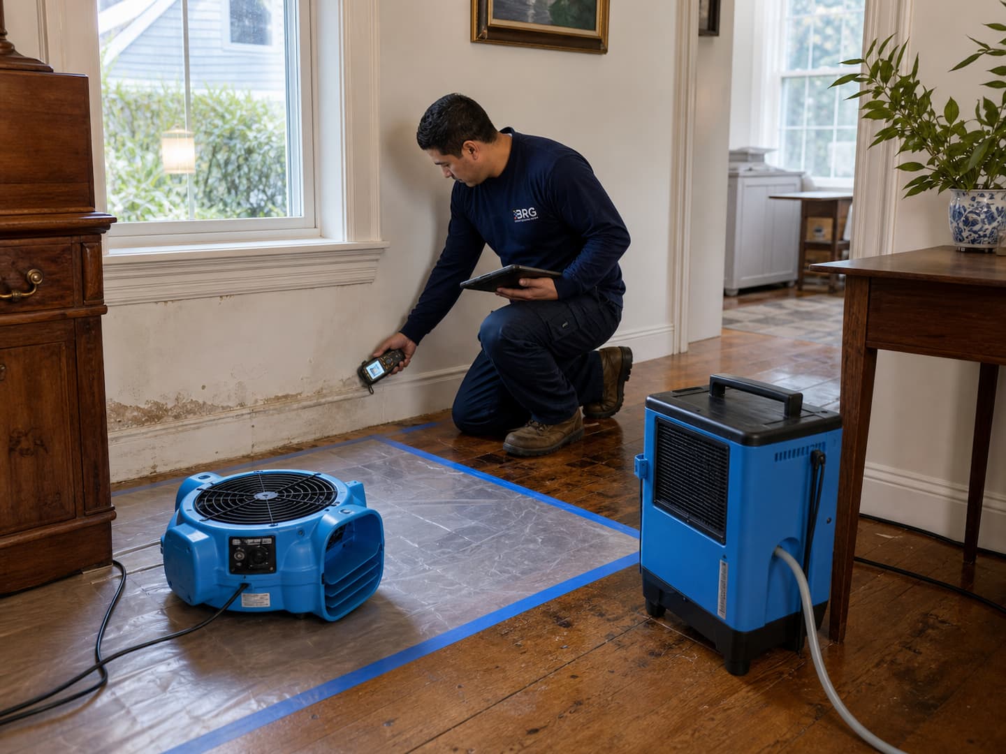 BRG technician checking wall moisture and setting drying equipment in an older Marblehead home