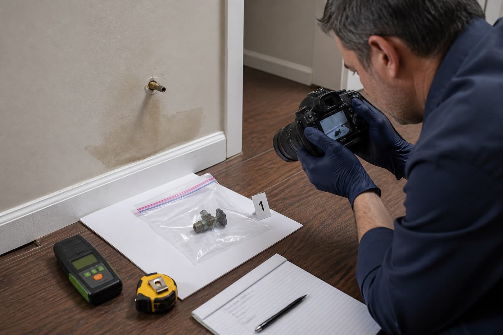 BRG technician photographing moisture and mold conditions for a Massachusetts insurance claim — close technical detail
