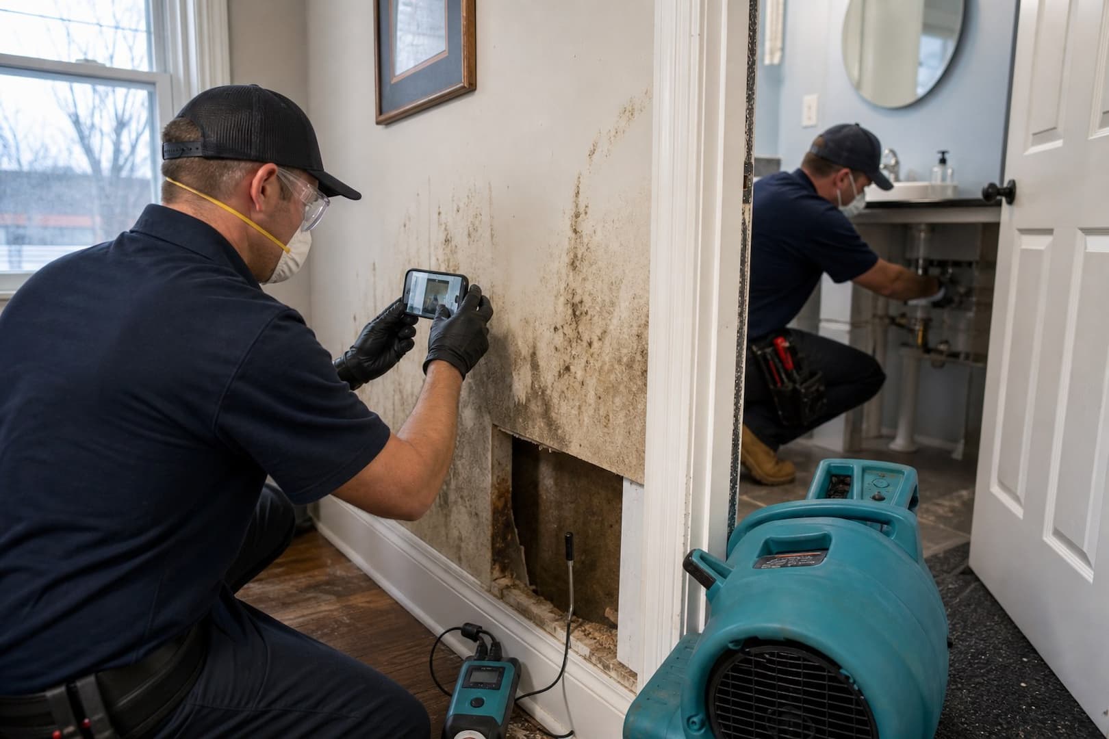 BRG technician photographing moisture and mold conditions for a Massachusetts insurance claim — controlled restoration process