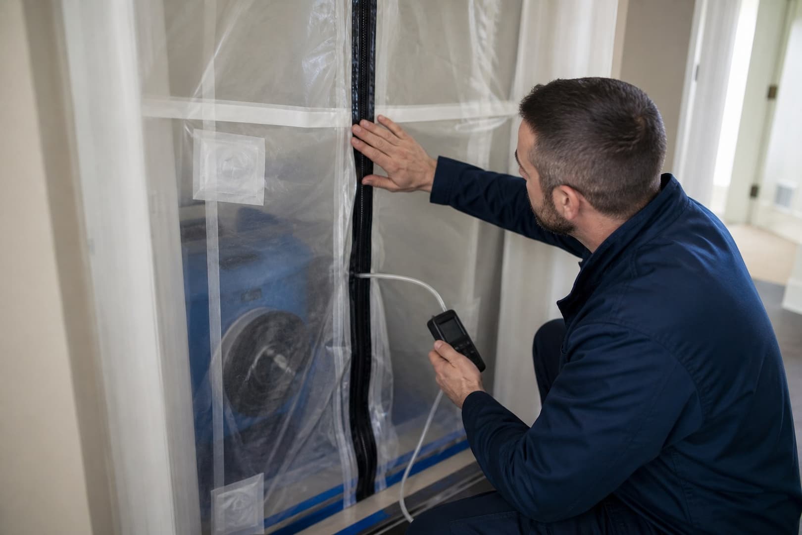 Technician verifying mold containment doorway and airflow controls