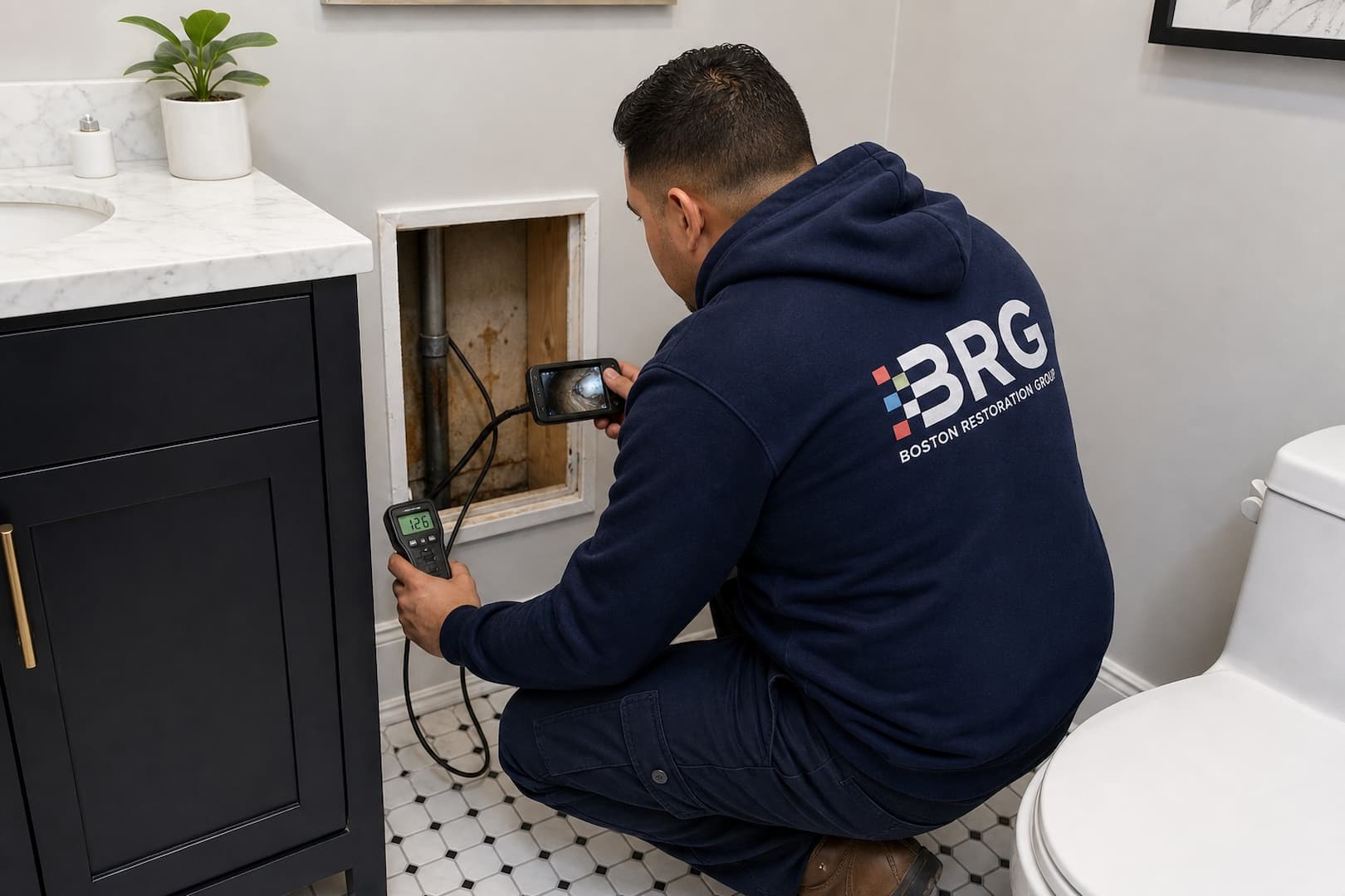 BRG specialist inspecting a suspected hidden mold area through a controlled access point