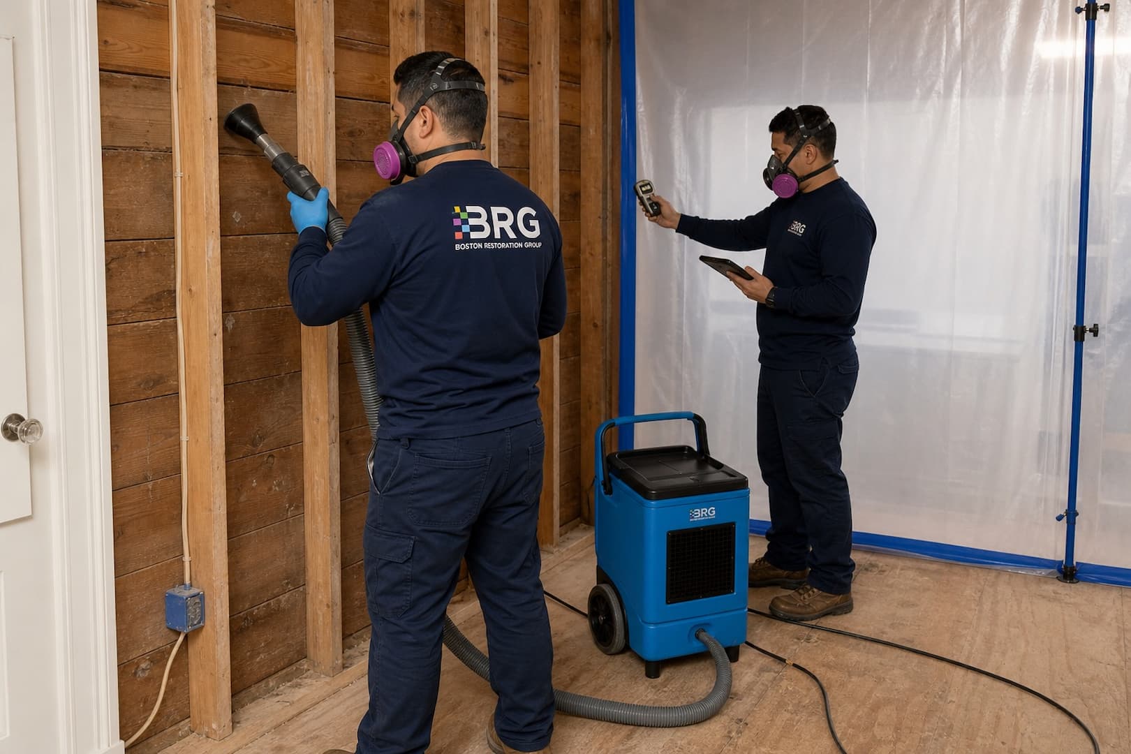 BRG specialists HEPA cleaning framing and documenting mold remediation completion