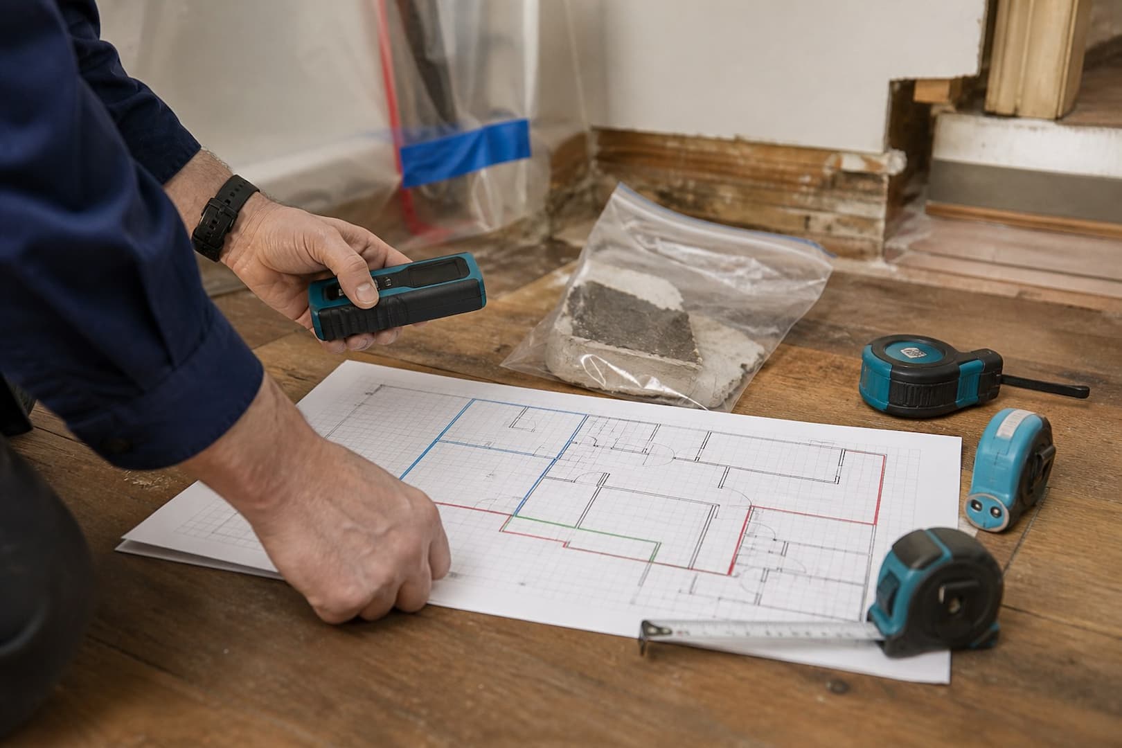 BRG technician documenting the scope and access needs for a Boston mold remediation estimate — close technical detail