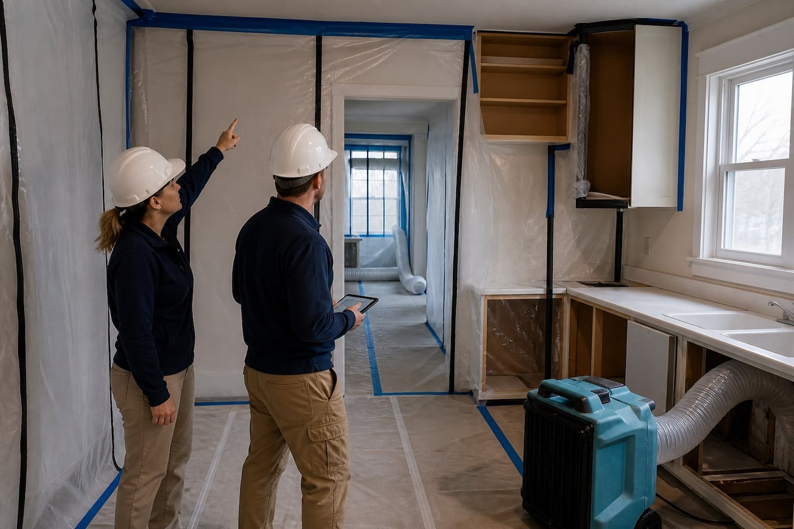 BRG technician documenting the scope and access needs for a Boston mold remediation estimate — controlled restoration process