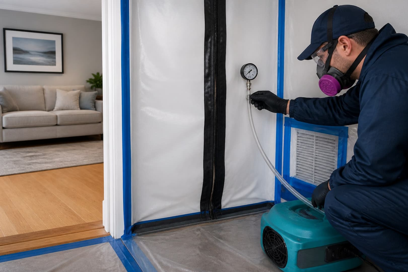 BRG mold remediation containment separating a work zone from an occupied area — close technical detail
