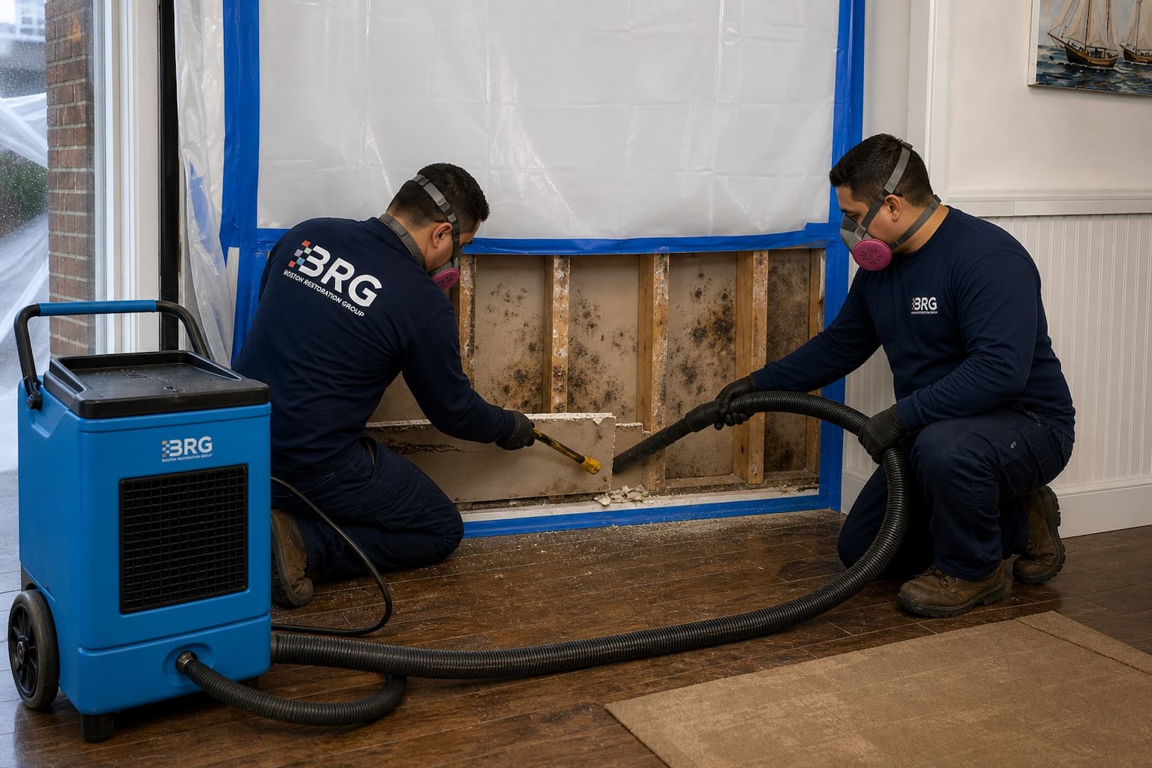 BRG technician performing controlled removal of mold-damaged drywall