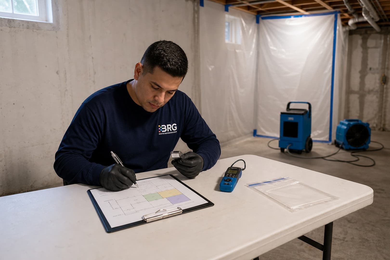 BRG specialist documenting a targeted mold sample and room conditions