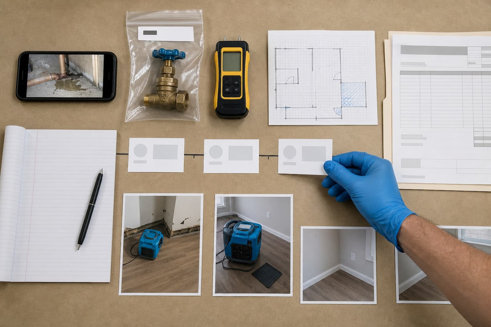 Water and mold claim evidence arranged as a supported event timeline