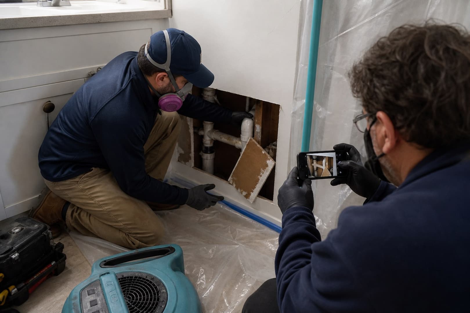 BRG technician inspecting a concealed wall area for moisture behind a musty odor — controlled restoration process