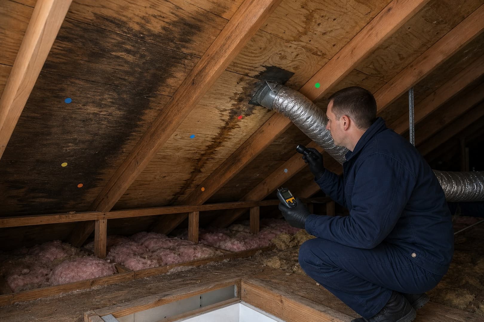 Attic roof deck with numbered moisture-reading locations around air leaks and a bathroom exhaust duct