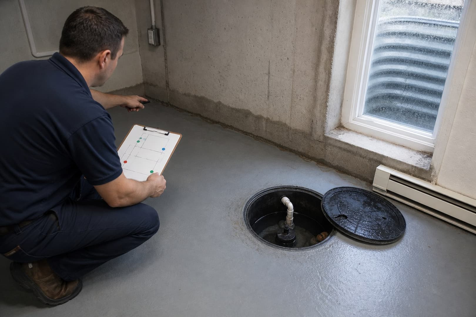 Technician mapping water entry points and a high-water line in a finished basement after heavy rain