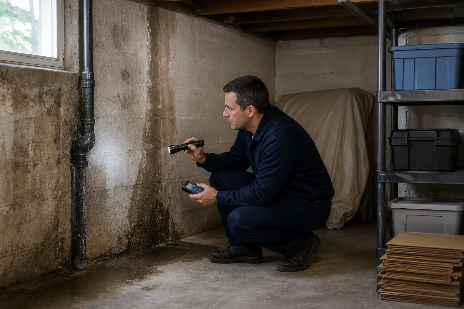 Basement moisture investigation comparing wall condensation, a plumbing line, and foundation seepage zones