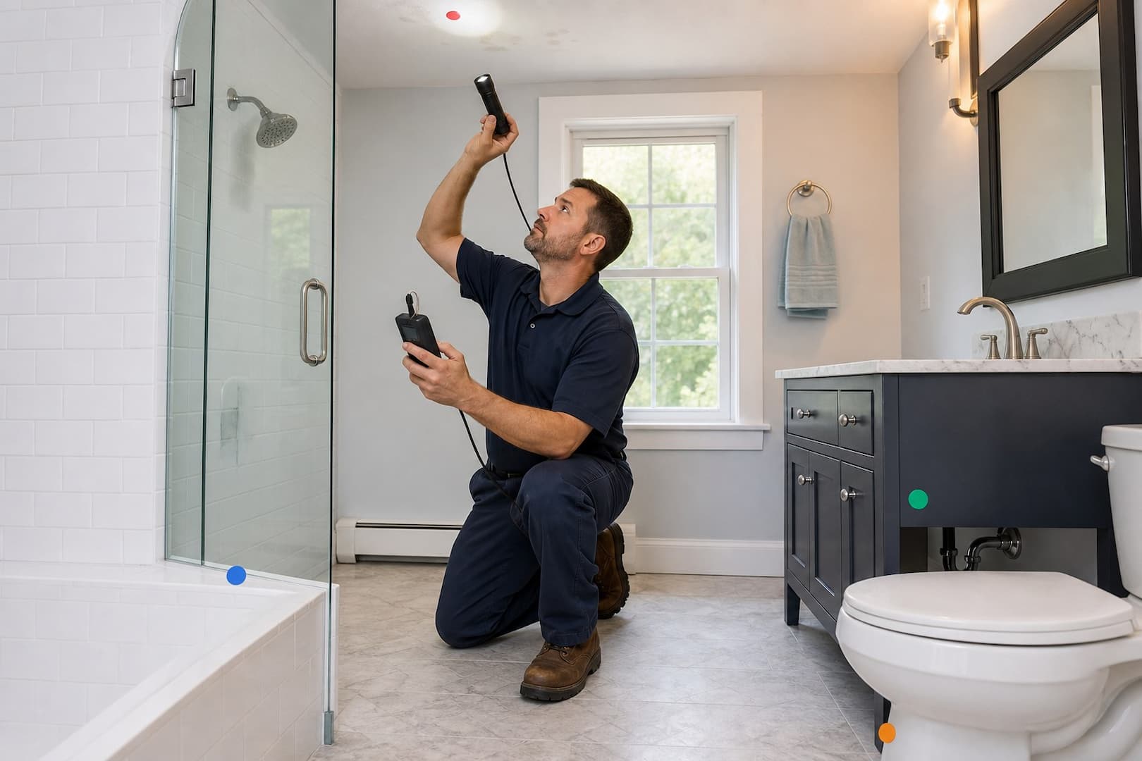 Bathroom inspection showing separate moisture checks at the ceiling, shower edge, vanity, and toilet base