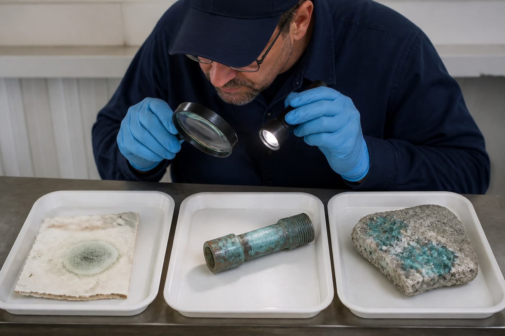 Inspector comparing blue-green surface growth with copper corrosion and a mineral deposit