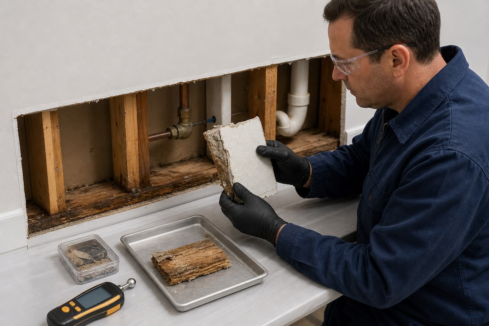 Inspector tracing a Chaetomium laboratory result to wet drywall paper and wood inside a wall cavity