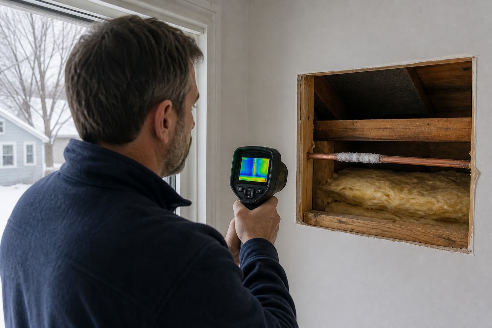 Cutaway-style realistic view of a plumber tracing a frozen pipe route through an exterior wall and rim joist
