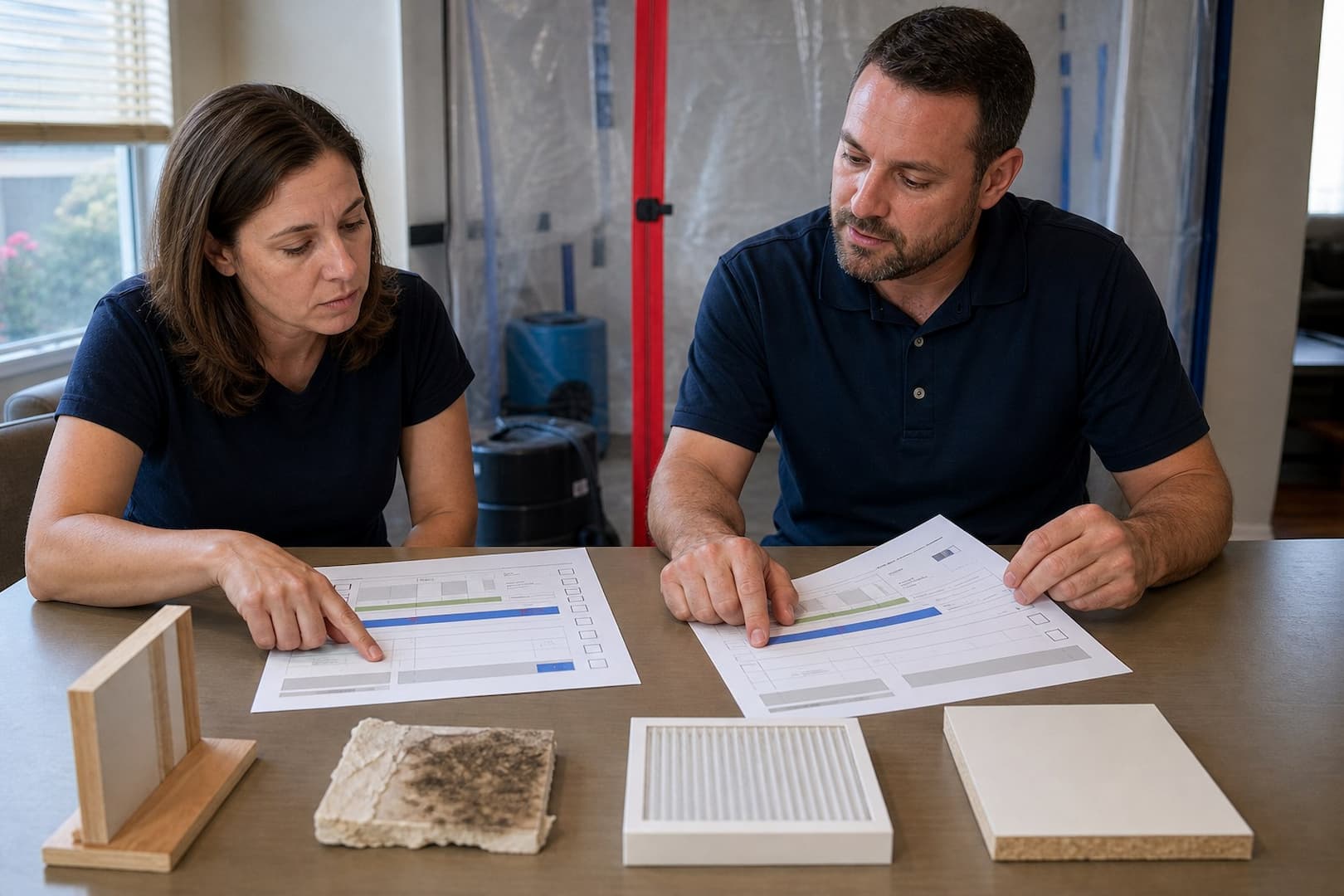 Homeowner comparing two mold remediation estimates line by line for containment, removal, cleaning, and reconstruction