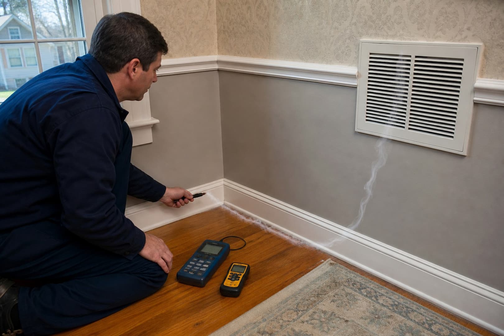 Inspector tracing a musty odor pathway from a wall cavity toward an HVAC return and adjacent room