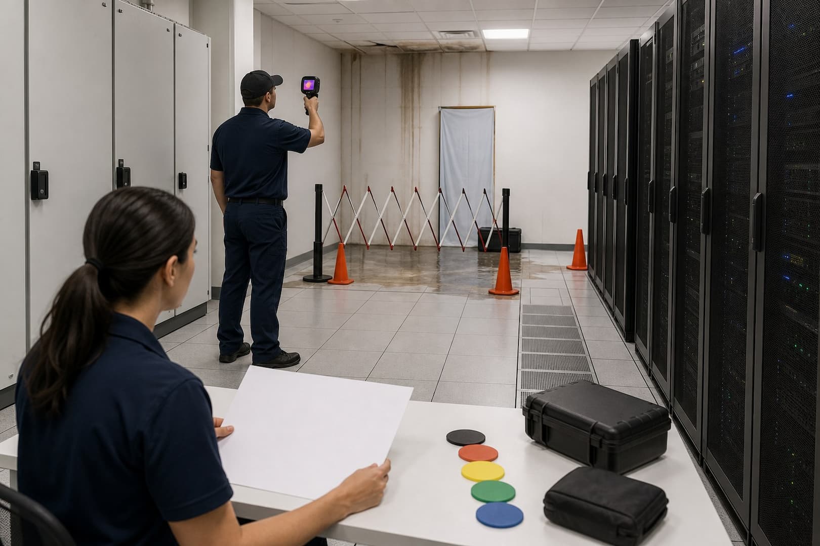Server-room response map separating an energized no-entry zone, equipment triage area, and structural drying boundary