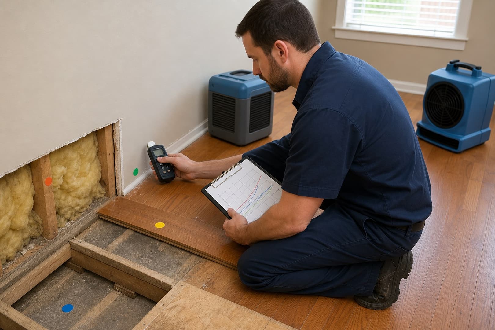Technician comparing daily moisture readings for drywall, insulation, hardwood, and subfloor on a drying chart