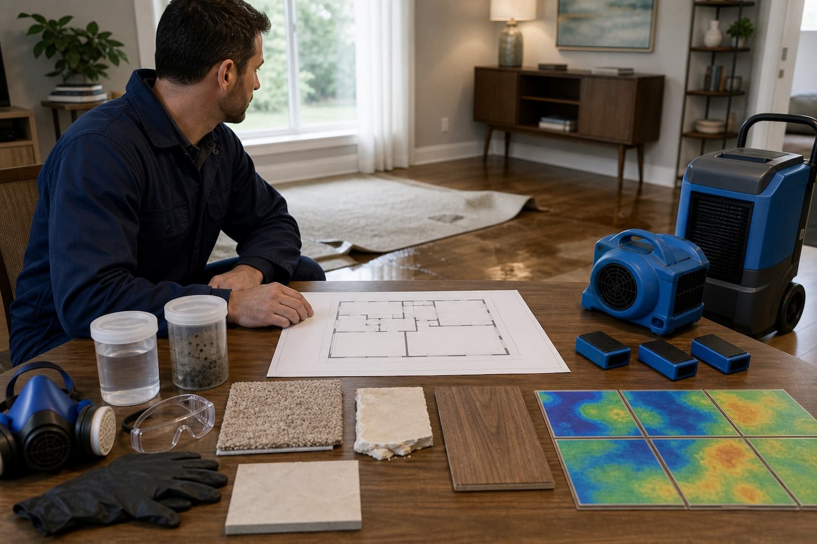 Restoration technician separating water-contamination category from the amount of wet material on a room diagram