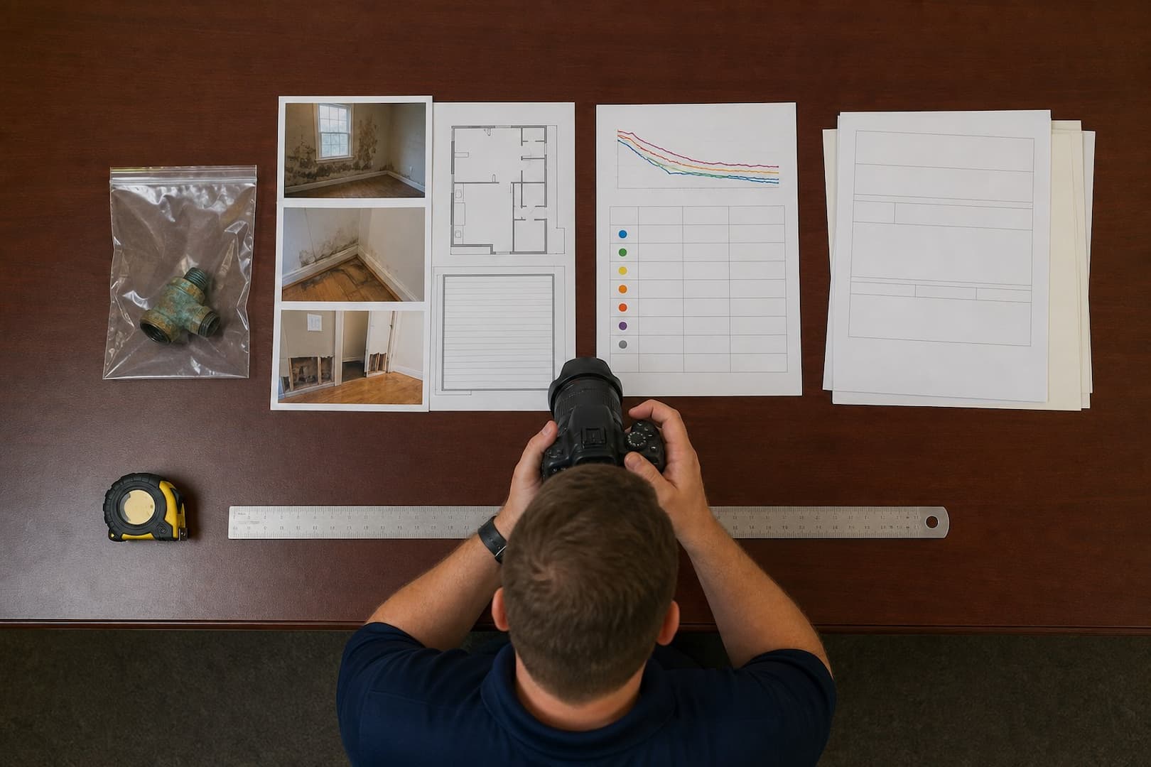 Water-loss claim file organized into cause evidence, moisture documentation, mitigation records, and repair estimates