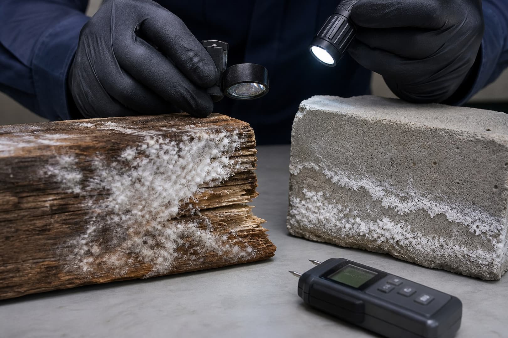 Side-by-side field inspection of white fungal growth on wood and crystalline efflorescence on concrete masonry