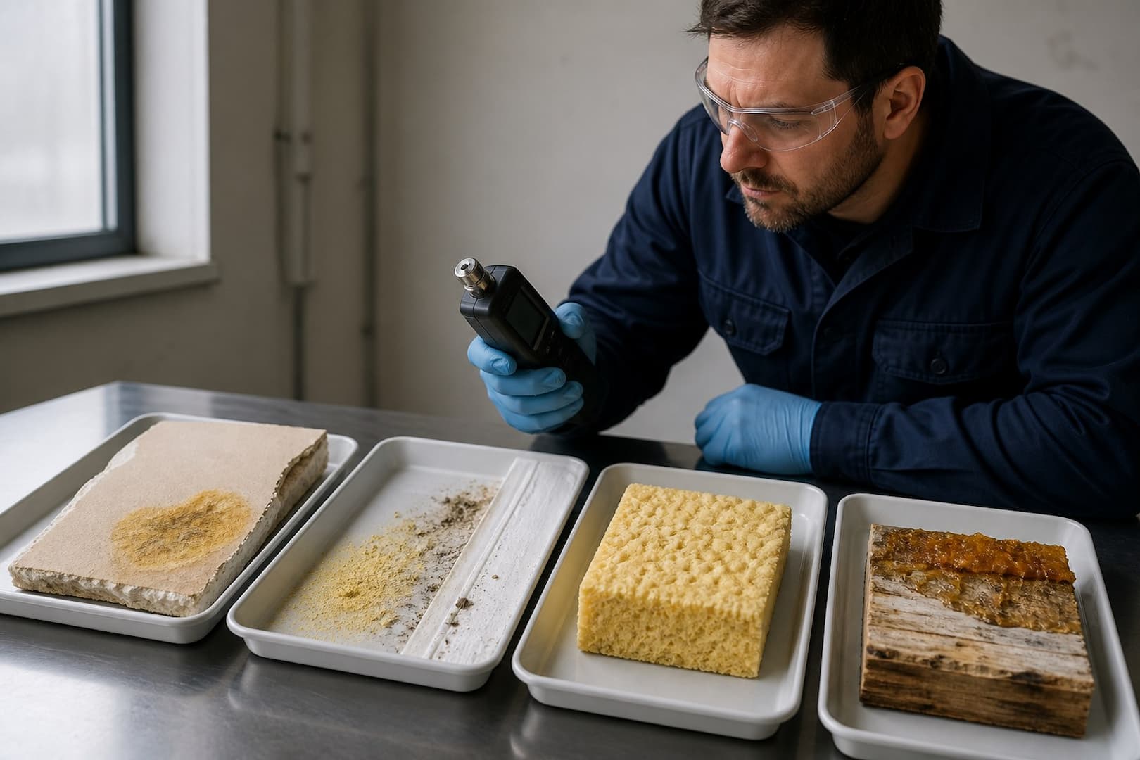 Material comparison board showing yellow fungal growth beside pollen, insulation foam, adhesive, and mineral staining