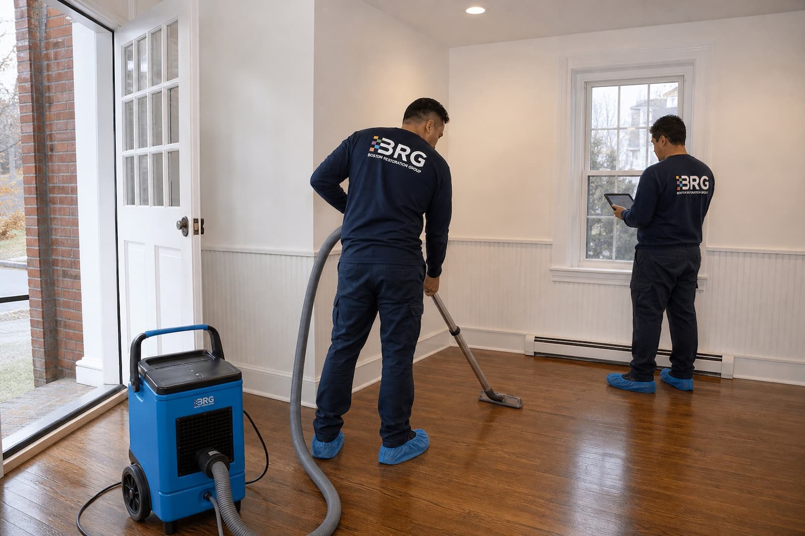 BRG crew cleaning odor-affected surfaces after source material removal