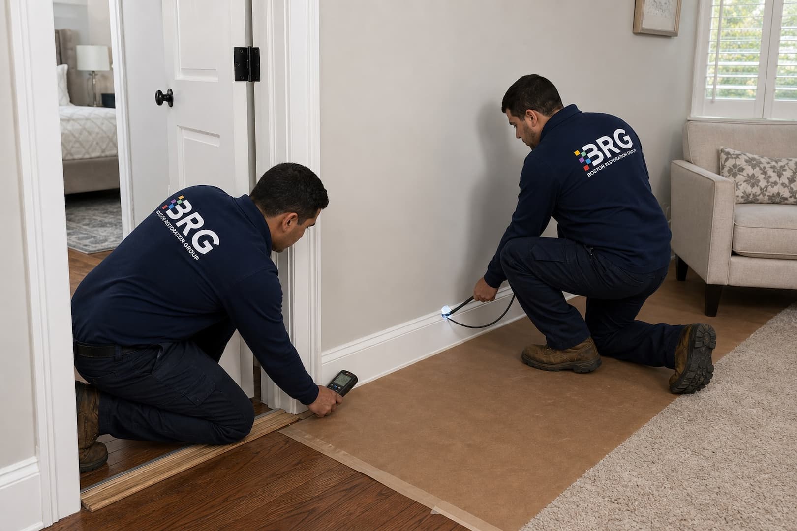 BRG technicians tracing an odor source at a wall and flooring transition
