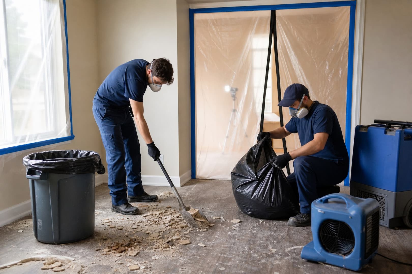 BRG restoration team preparing damaged building materials for controlled removal — controlled restoration process