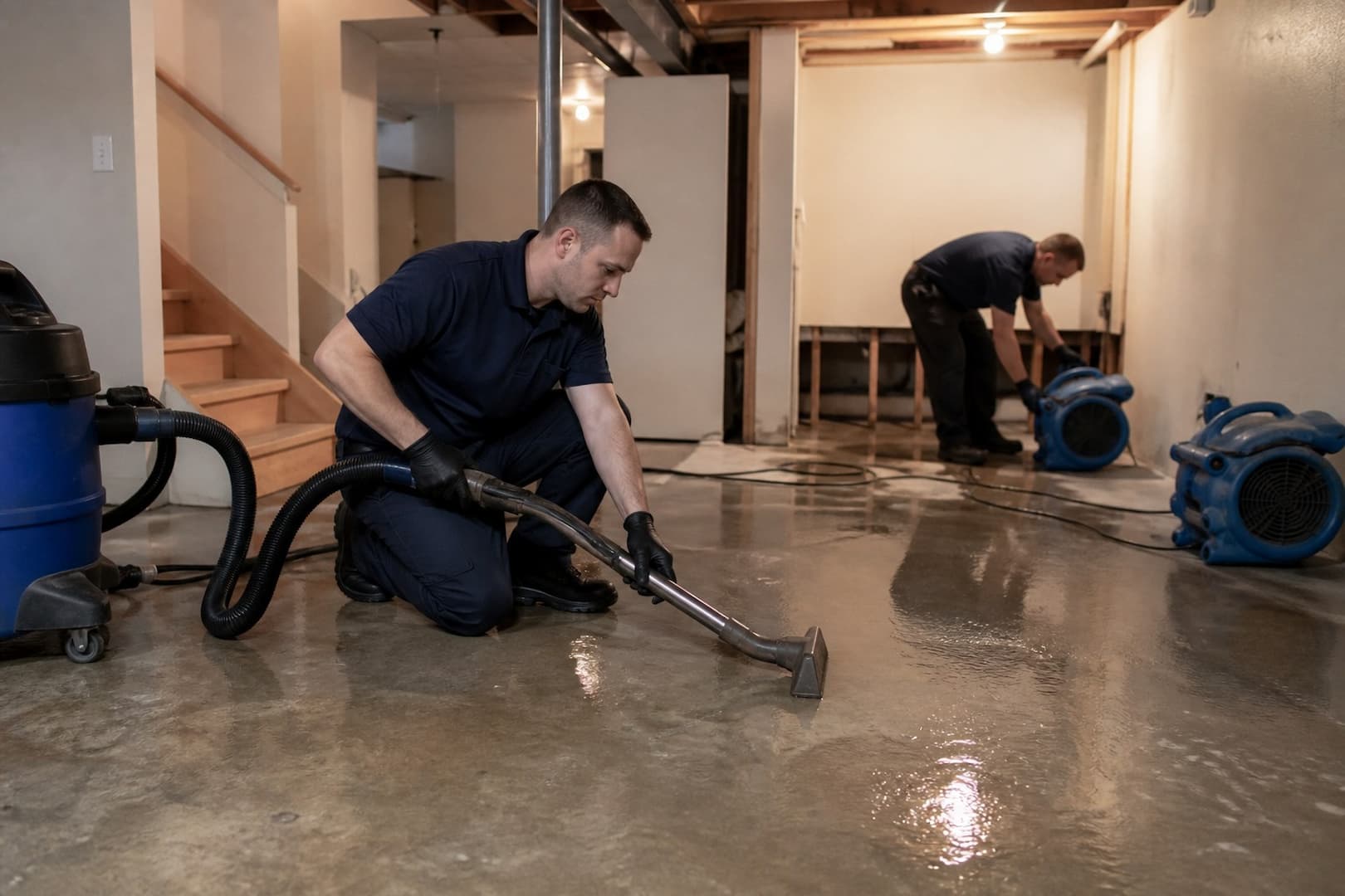 BRG water restoration team preparing extraction equipment for a flooded basement — controlled restoration process