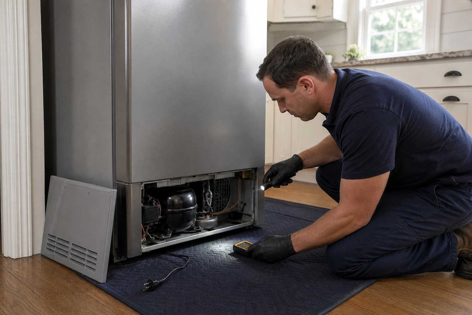 Technician inspecting an unplugged refrigerator defrost drain and condensate pan without a plumbing supply connection