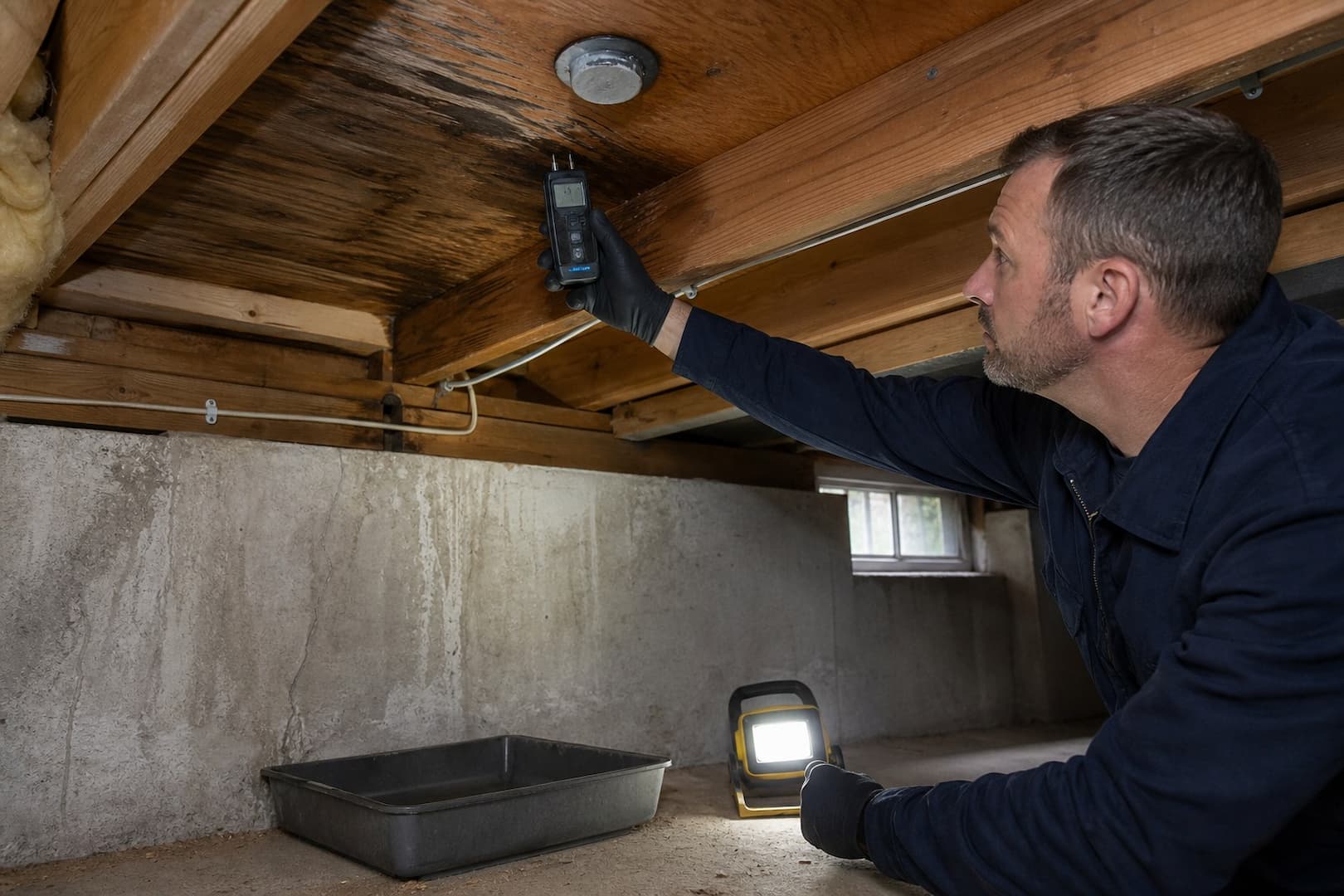 Hidden migration map from refrigerator supply leak beneath flooring cabinets and ceiling