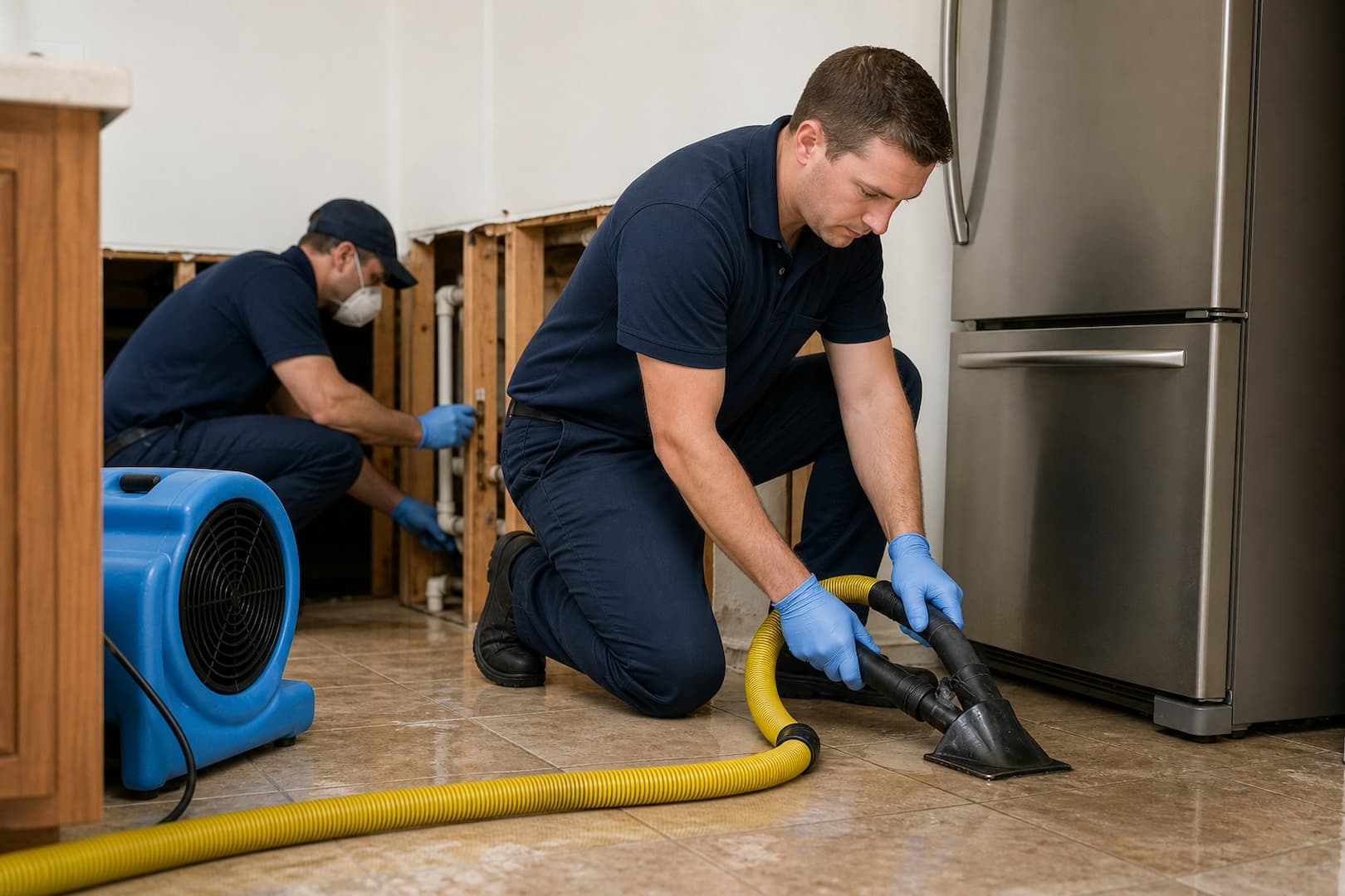BRG technician checking wall and floor moisture behind a refrigerator after a water-line leak — controlled restoration process